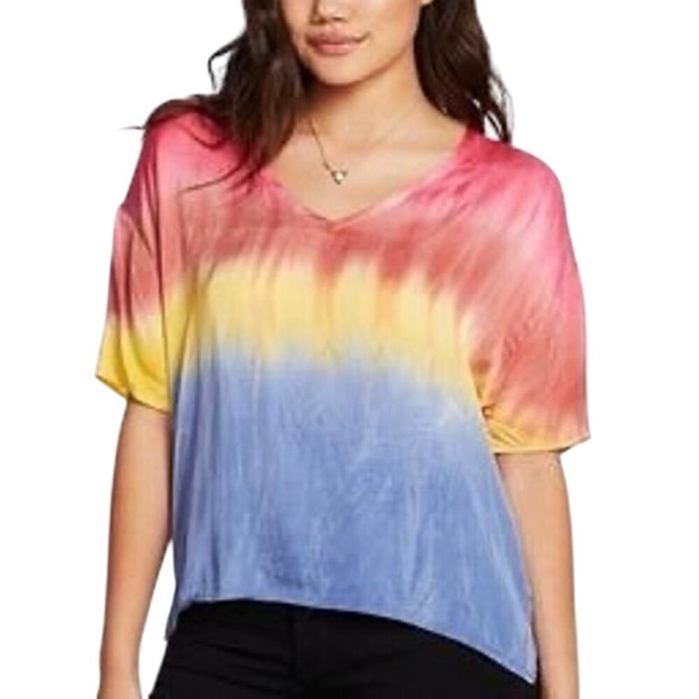 New CHASER Silky Satin Short‎ Sleeve V-Neck Boxy Tee Prism Dye Rainbow Sz S